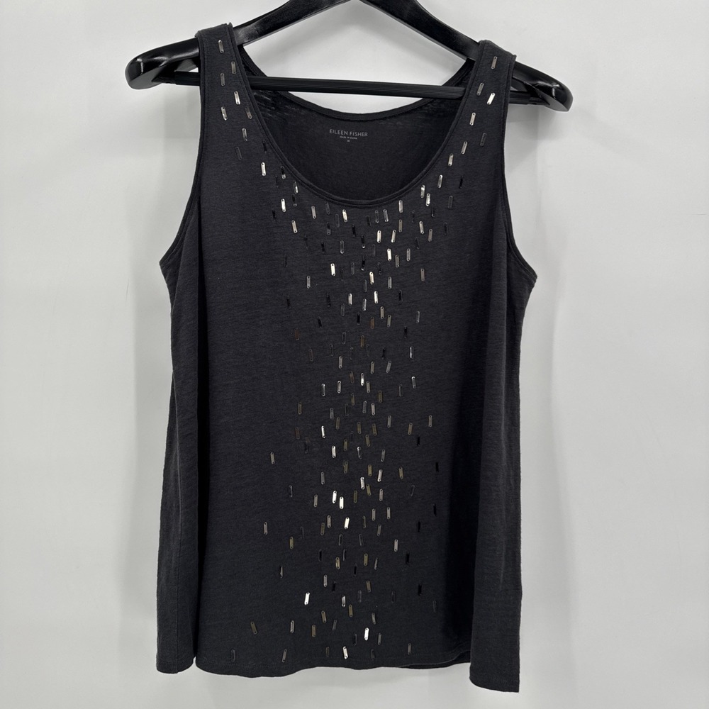 Eileen Fisher‎ 100% Linen Gray Sleeveless Tank Metal Adornment Sz M Classic City